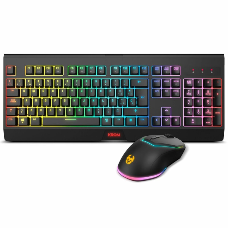 Tastatur mit Maus Krom NXKROMKBLSP Schwarz Bunt Qwerty Spanisch